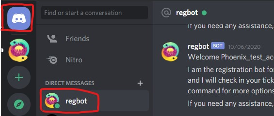 Screenshot from Discord showing where to find direct messages from the registration bot.