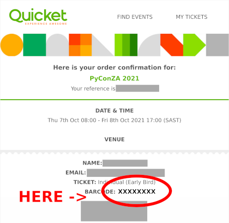Screenshot of an example ticket showing where to find the barcode.